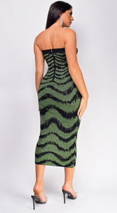 Zemira Green Black Metallic Print Midi Dress